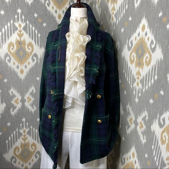 Polo Ralph Lauren Fringed Black Watch Tartan Plaid Double-Breasted Wool Cardigan - Picture 13 of 16